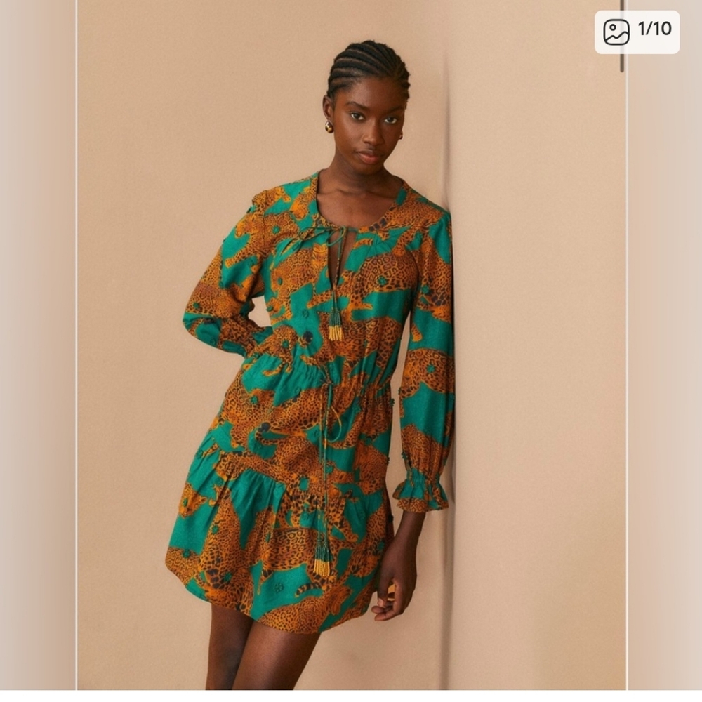 Farm Rio Green Artsy Leopards Long Sleeve Minidress